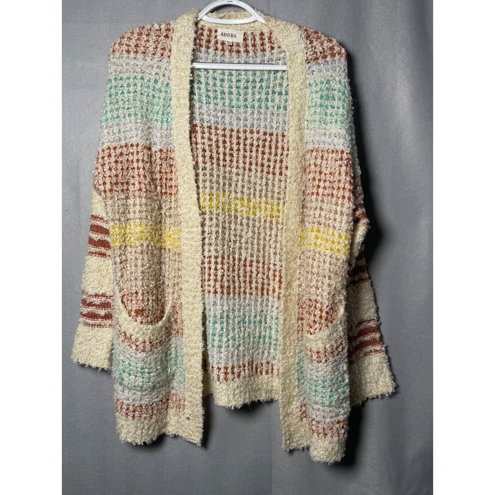 Adora Womens Multi Color Striped Popcorn Knit Open Front Cardigan Sweater M/L